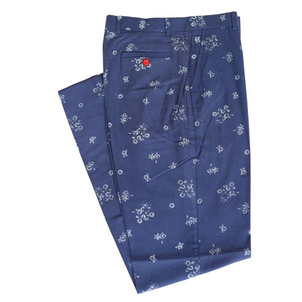 Mens 32 Blue Floral Print Pants Cotton Straight Fit Dress Trousers Casual NWT